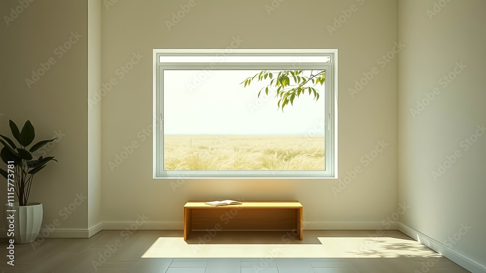 Fototapeta premium Serene minimalist room interior with a large window overlooking a field of tall grass and a simple wooden bench