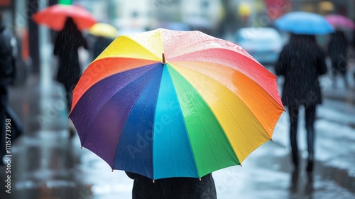 Wallpaper Mural A person walks down a city street on a rainy day, using a colorful rainbow umbrella. Torontodigital.ca