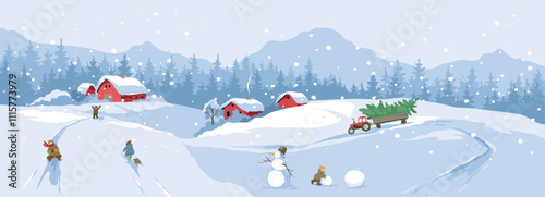 Fun winter games for children, Christmas time. Abstract winter rural landscape, freehand drawing, vector illustrations	