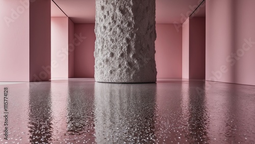 Abstract Modern Interior Design Pink Room with Textured Column and Glittery Floor. photo