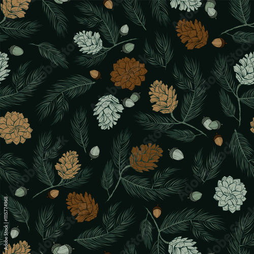 Pine Trees and Acorns Vector Seamless Pattern in Scandinavian Dark Green and Brown for Wallpapers and Fabrics Print, Textile Design