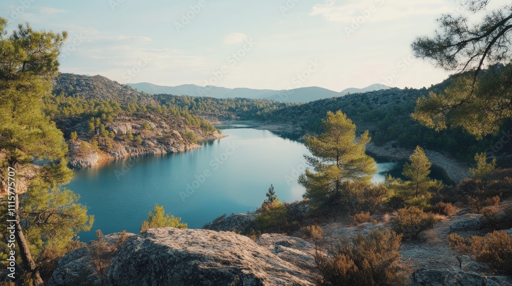 Naklejka premium Serene Mountain Lake Retreat, a stunning remote lake embraced by towering pine forests and rugged rocks, perfect for eco-tourism and adventurous outdoor experiences.