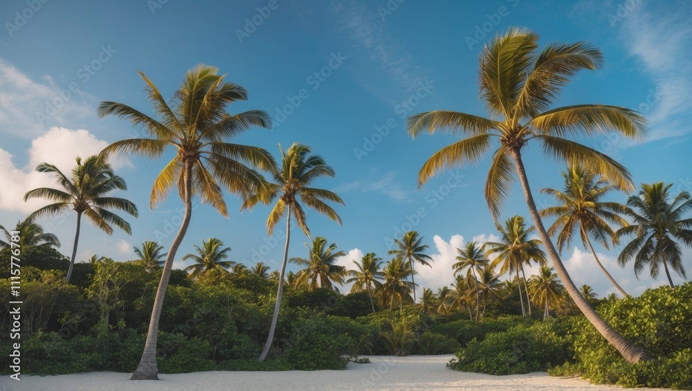 Fototapeta premium Tropical Island Paradise with Lush Palm Trees and Blue Sky.