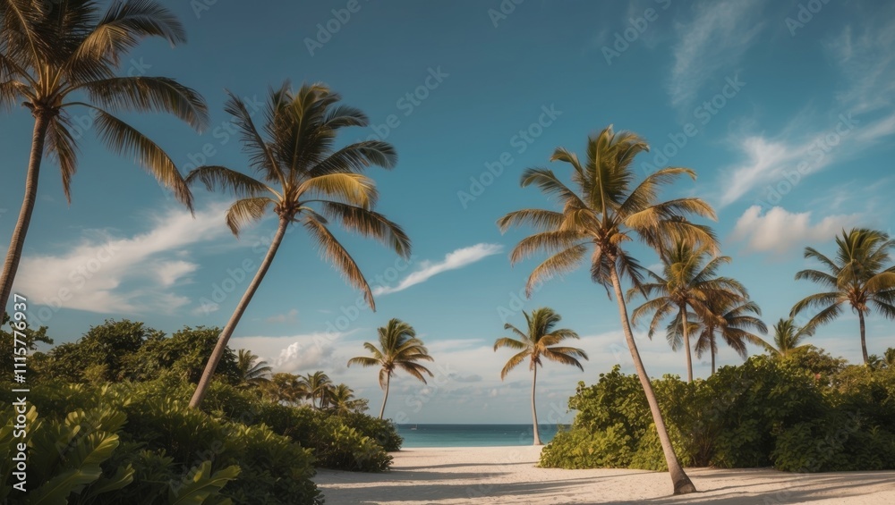 Fototapeta premium Tropical Island Paradise with Lush Palm Trees and Blue Sky.