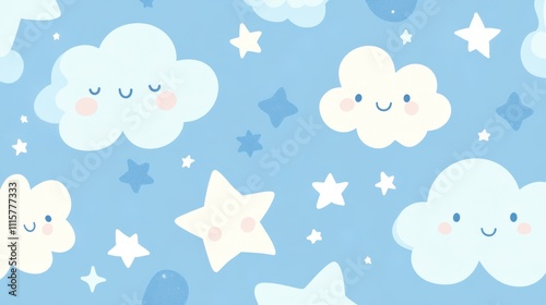 A whimsical pattern featuring smiling clouds and stars on a soft blue background.