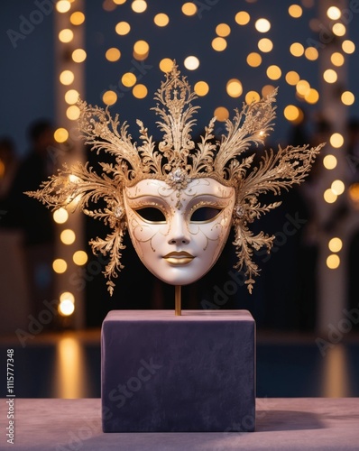 Elegant mask shines in golden lights during a festive celebration at night. photo