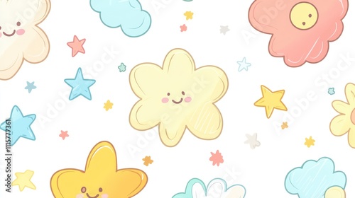 A whimsical pattern featuring cute, smiling clouds and stars in pastel colors.