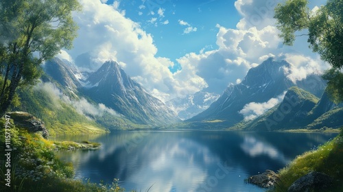Tranquil Mountain Lake, a serene body of water nestled among towering peaks, bright blue sky overhead, fluffy clouds mirrored on the surface, inspiring peace and adventure.