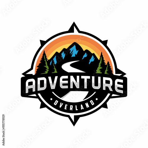 hipster badge outdoor adventure logo with Compass and mountain design concept. Universal compass logo. Modern vintage retro concept