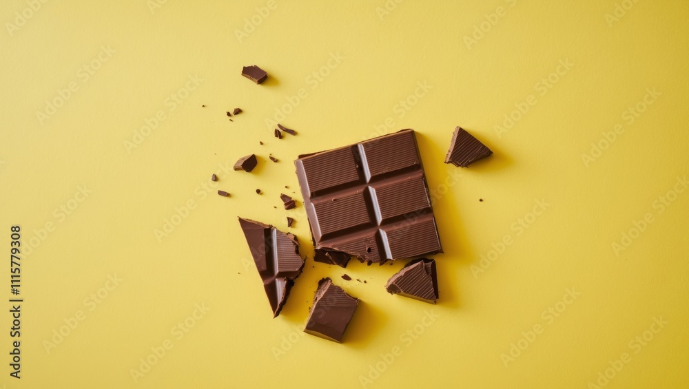 Obraz premium Chocolate bar with broken pieces on vibrant yellow background.