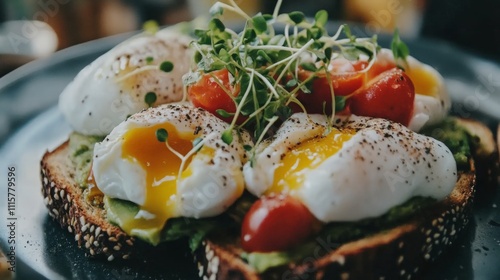 Vibrant Brunch Delight, enticing avocado toast adorned with poached eggs, fresh cherry tomatoes, and microgreens, showcasing colorful, nutritious breakfast choices. photo