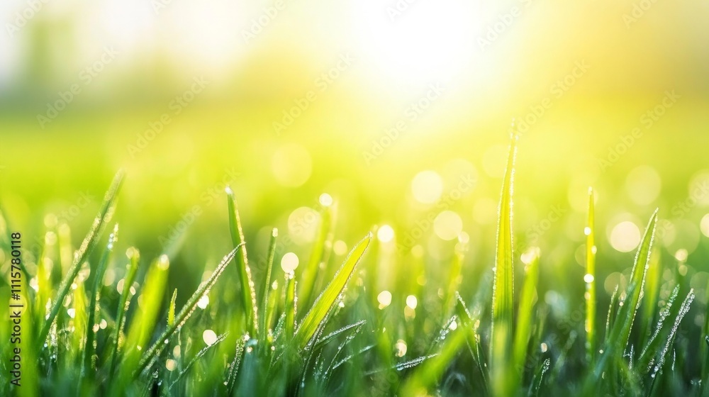 Obraz premium Dew-kissed Grass Blades in Morning Sunlight, capturing the essence of freshness, tranquility, and the vibrant beauty of nature at dawn in a serene field setting