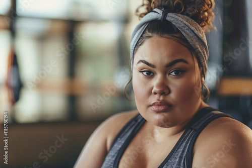 Smiling portrait of a overweight middle aged woman in gym ai generative design