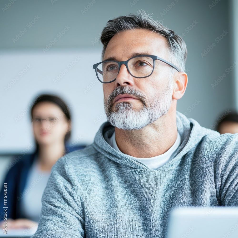 Thoughtful man in glasses contemplating ideas during a meeting while a woman is blurred in the background, showcasing collaboration and focused discussion in a professional environment. Thoughtful man in glasses contemplating ideas during a meeting while a woman is blurred in the background, showcasing collaboration and focused discussion in a professional environment.