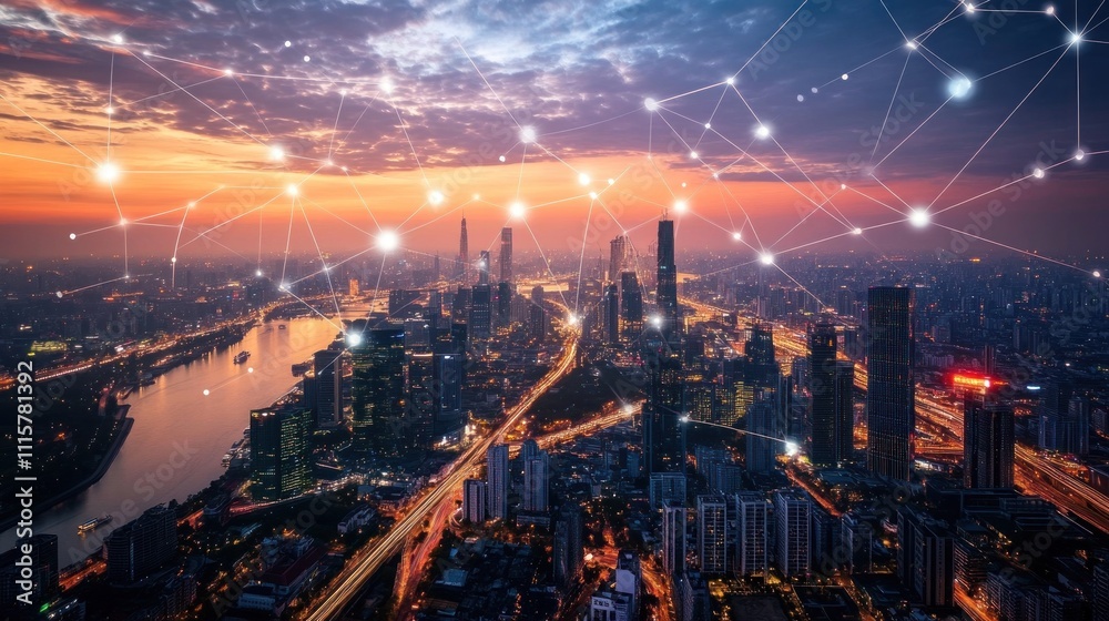 Fototapeta premium Cityscape with Network Connections at Dusk