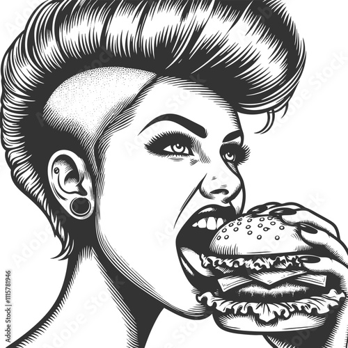 punk rocker with a pompadour haircut, piercings, and tattoos, eating a burger, rebellious attitude sketch engraving generative ai vector illustration. Scratch board imitation. Black and white image.