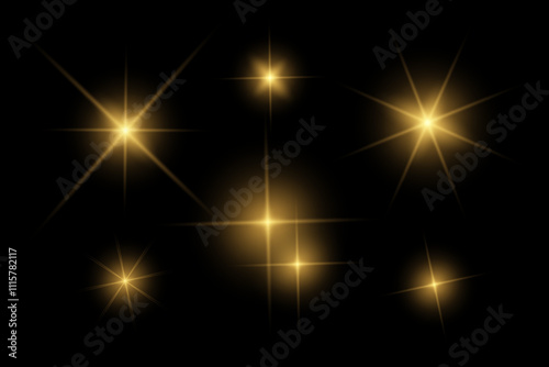 Golden sparkle lights, flashing lights, light effects, sunlight lens flare, glowing ray beams, sparkling starsicon on black background. photo