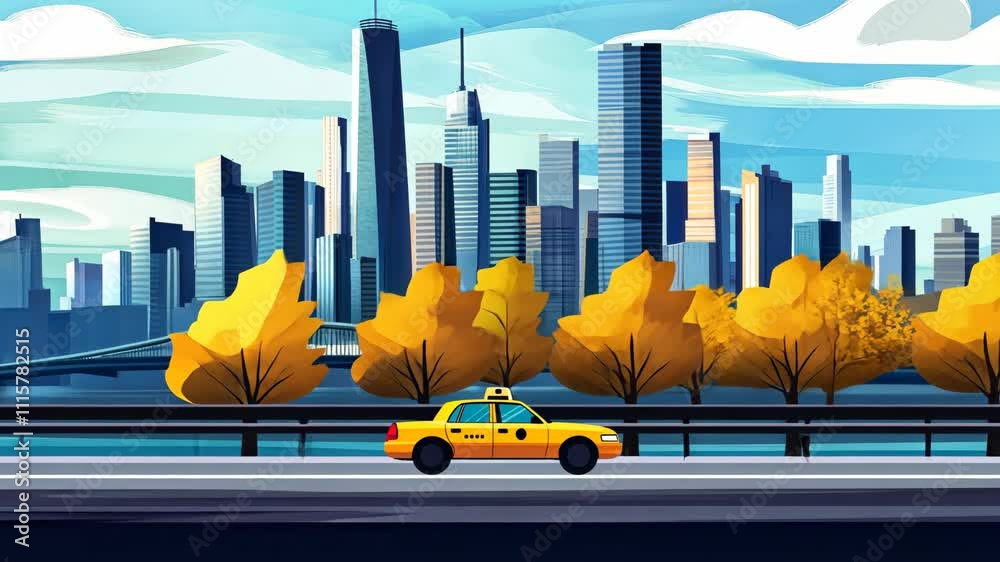 Yellow cab driving through new york city in autumn