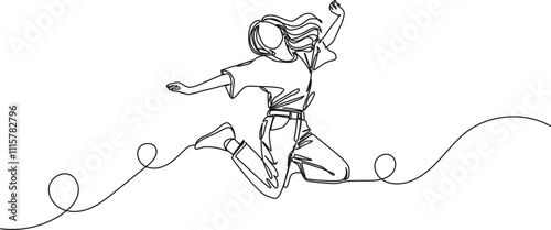 continuous single line drawing of cheerful woman jumping up in joy, line art vector illustration