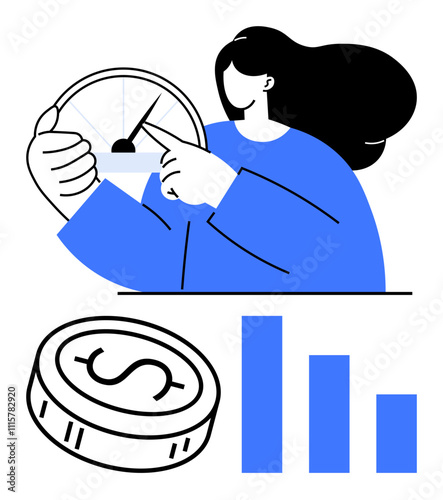 Businesswoman pointing at a speedometer, dollar coin, and downward bar chart. Ideal for finance, business decline, economic downturns, performance analysis, financial metrics, cost reduction