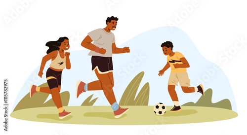 African American family father with two children boy and girl playing football flat vector illustration isolated on white.