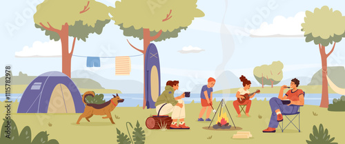 Family with two children and a dog at campsite sitting near bonfire flat vector illustration. Summertime camping scene.