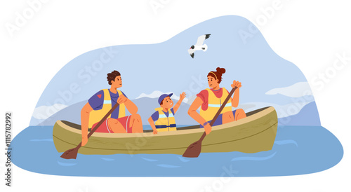 Family with a kid wearing lifejackets canoeing on the lake with foggy mountains at the background flat vector illustration.