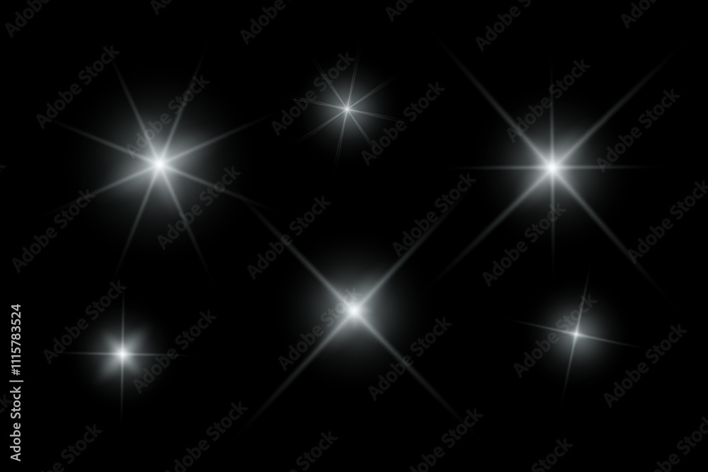 Silver sparkle lights, flashing lights, light effects, sunlight lens flare, glowing ray beams, sparkling starsicon on black background.