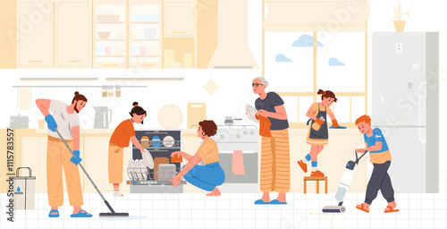 Family cleaning the kitchen flat vector illustration. Family doing house chores together.