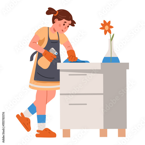 Little girl in apron wiping the dust flat vector illustration isolated on white.