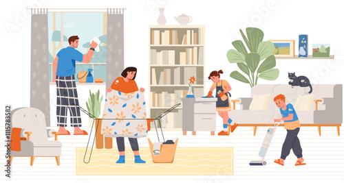 Family cleaning the living room flat vector illustration. Family doing house chores together.