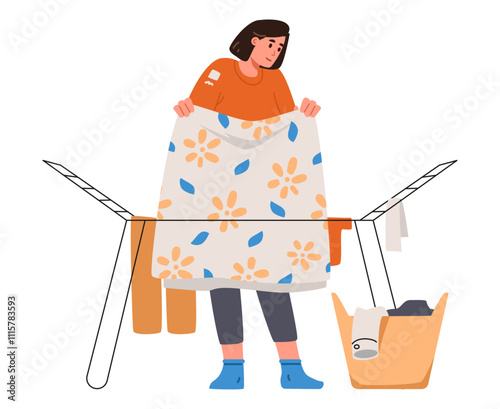 Woman hangs up the laundry to dry flat vector illustration isolated on white. House chores.