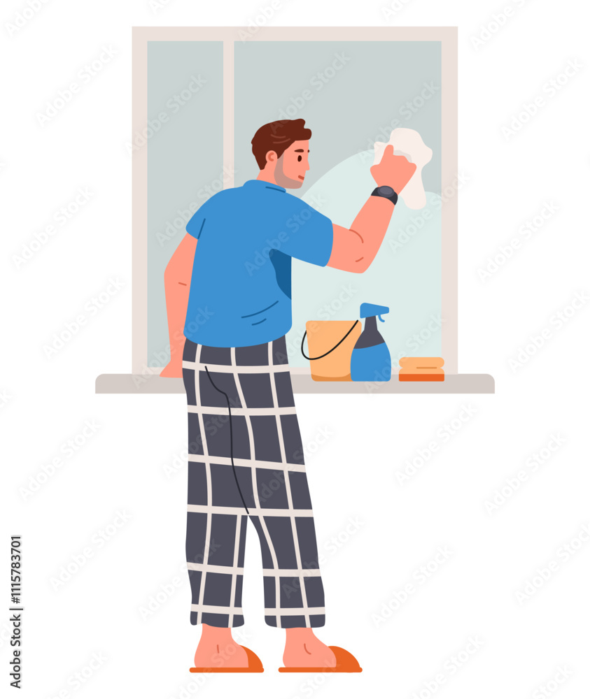 Fototapeta premium Man washing the window flat vector illustration isolated on white. House chores.