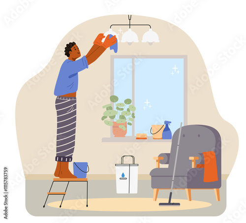 African American man wipes the dust from the lamp in the living room flat vector illustration isolated on white.