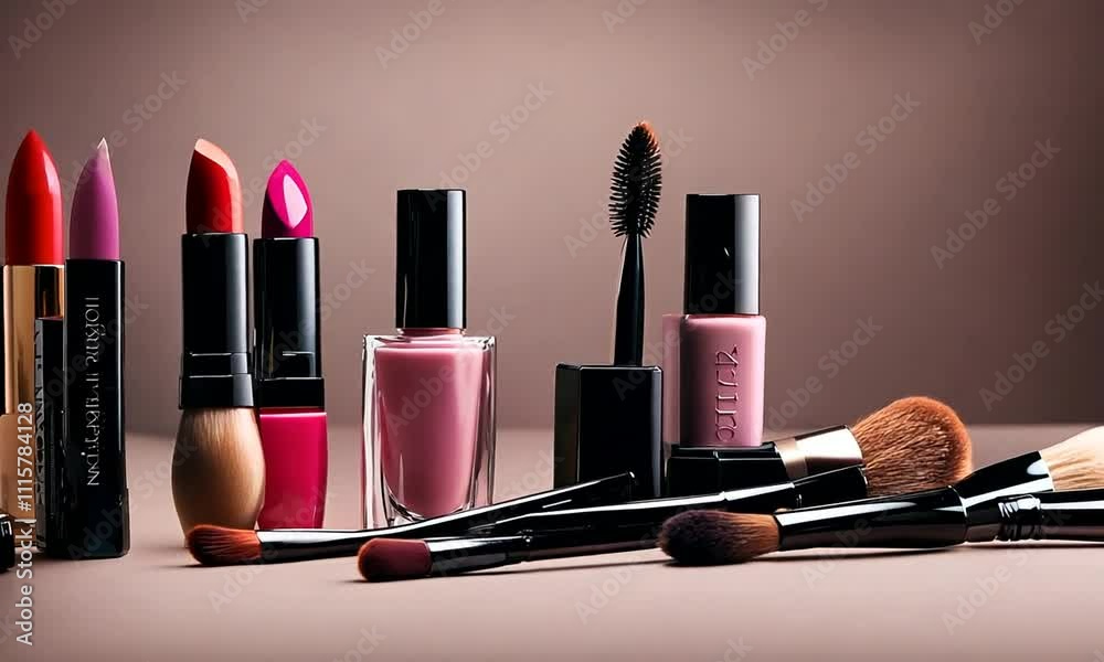 Set of professional cosmetic make-up brushes, shadows, lipstick, nail polishes - partly isolated with shadows on white background..