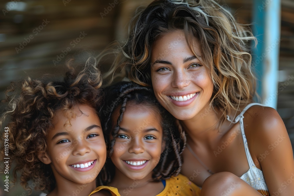 Fototapeta premium Smiling woman poses joyfully with two children on a sunny day outdoors