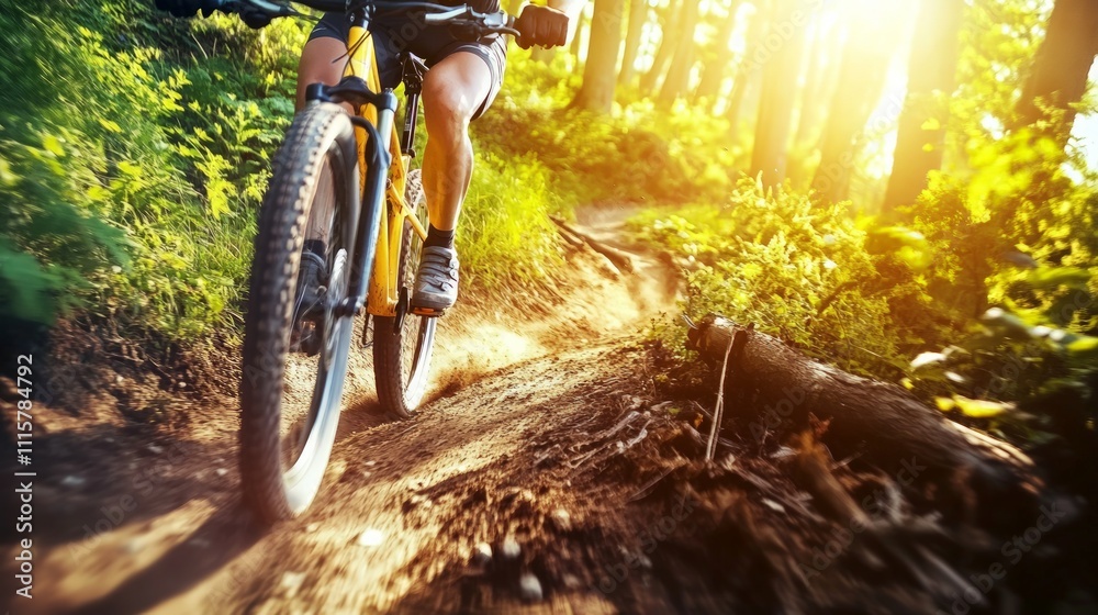 Obraz premium Mountain Biker Thrill in Lush Wilderness, capturing the exhilarating descent through vibrant foliage and sunlit trails, celebrating the spirit of outdoor adventure.
