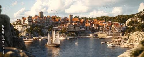 The beautiful coastal town of Marstrand, known for its sailing and historic fort, realistic, very detailed photo