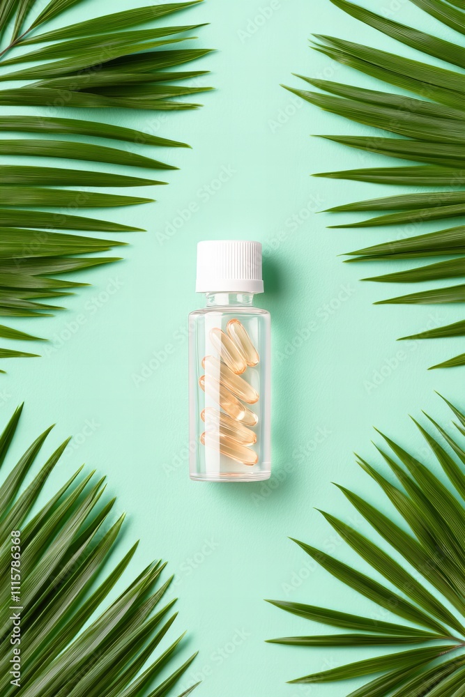 Transparent supplement bottle with capsules on mint green background surrounded by palm leaves Transparent supplement bottle with capsules on mint green background surrounded by palm leaves