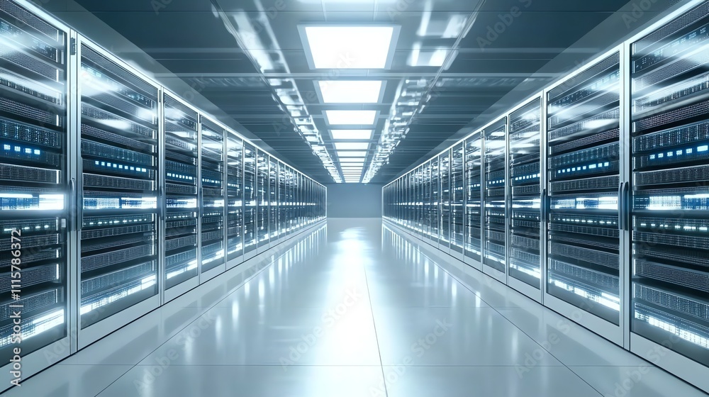 Obraz premium A long hallway in a server room with rows of computer servers.