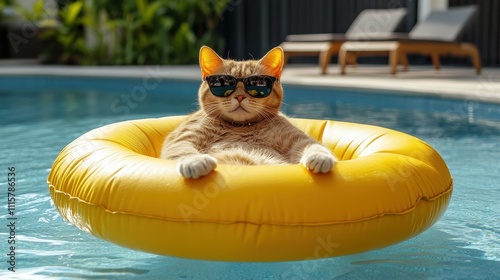 A relaxed cat lounges on a bright yellow float in a sparkling pool. It wears stylish sunglasses, soaking up the sun on a warm summer afternoon