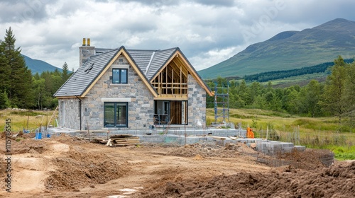 Stone house under construction in scenic mountains.