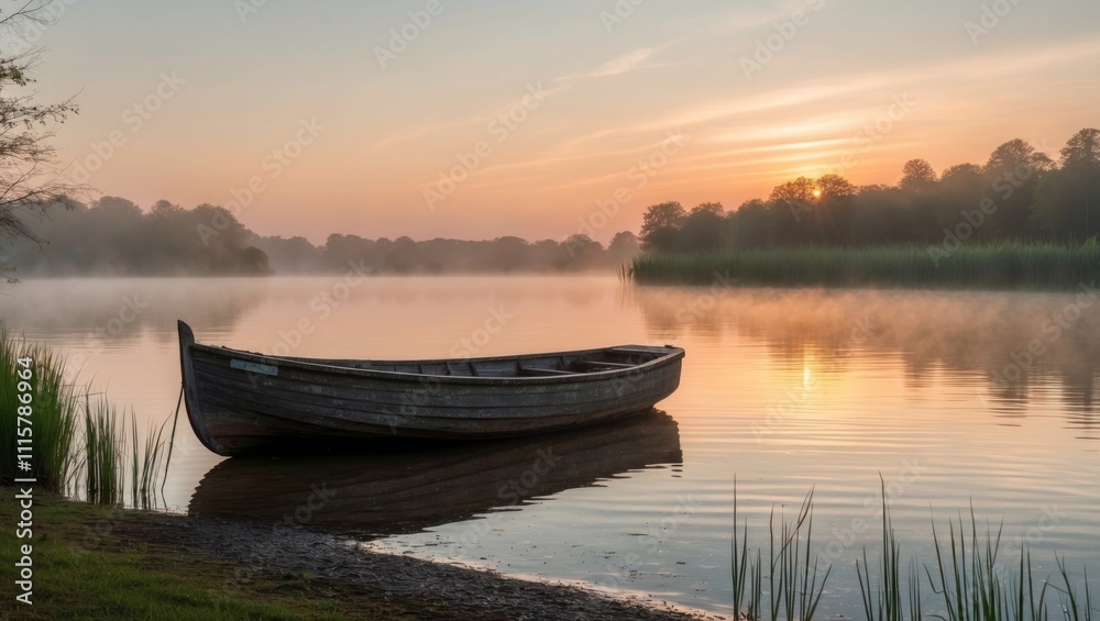 Obraz premium Serene Sunrise Over Calm Lake with Reflections and Vintage Boat in Tranquil Waters.