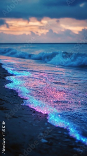 A serene beach with glowing neon waves breaking against the shore, drifting colorful smoke creating a surreal atmosphere