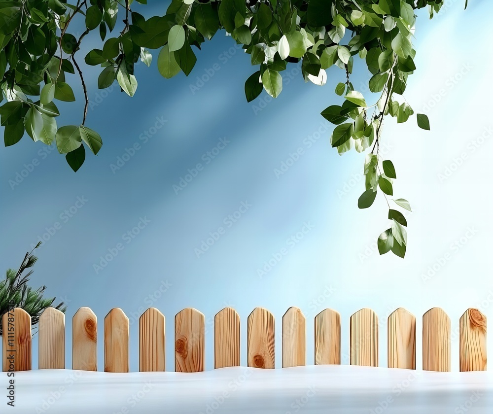 Obraz premium Tranquil wooden fence with green leaves under clear sky
