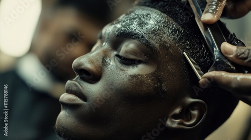 Close-up of a young man getting a haircut at a barbershop.