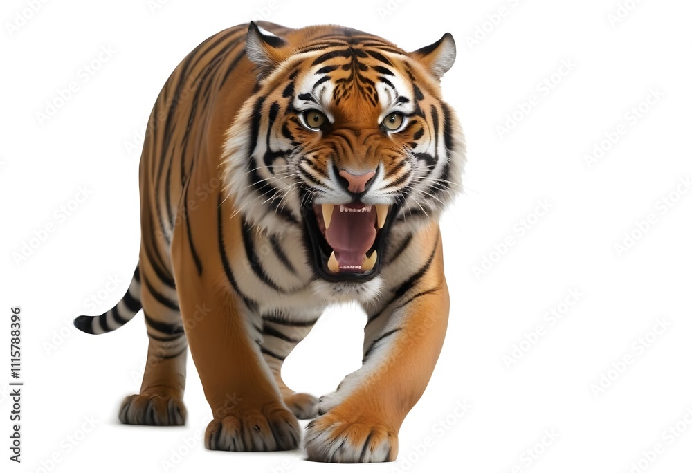 Fototapeta premium A fierce adult male Bengal tiger with orange and black striped fur, baring its sharp teeth in an aggressive snarl, standing on a plain white background