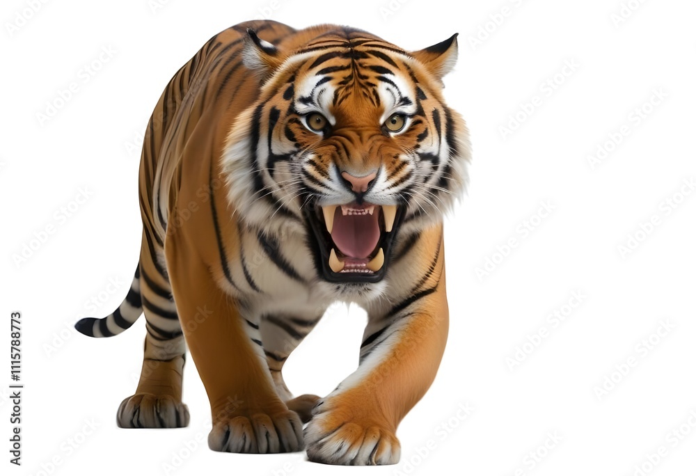 Obraz premium A fierce adult male Bengal tiger with orange and black striped fur, baring its sharp teeth in an aggressive snarl, standing on a plain white background
