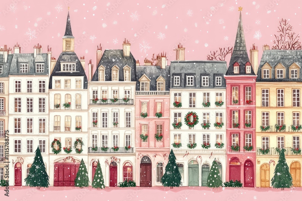 Fototapeta premium Parisian Charm, a whimsical pattern of white and pink buildings adorned with vintage Christmas wreaths, set against a soft pink background with green accents and festive decorations.