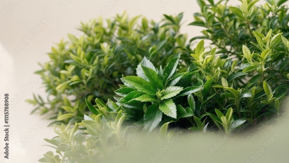 Fototapeta premium Fresh Green Tea Leaves on Vibrant Bushes.